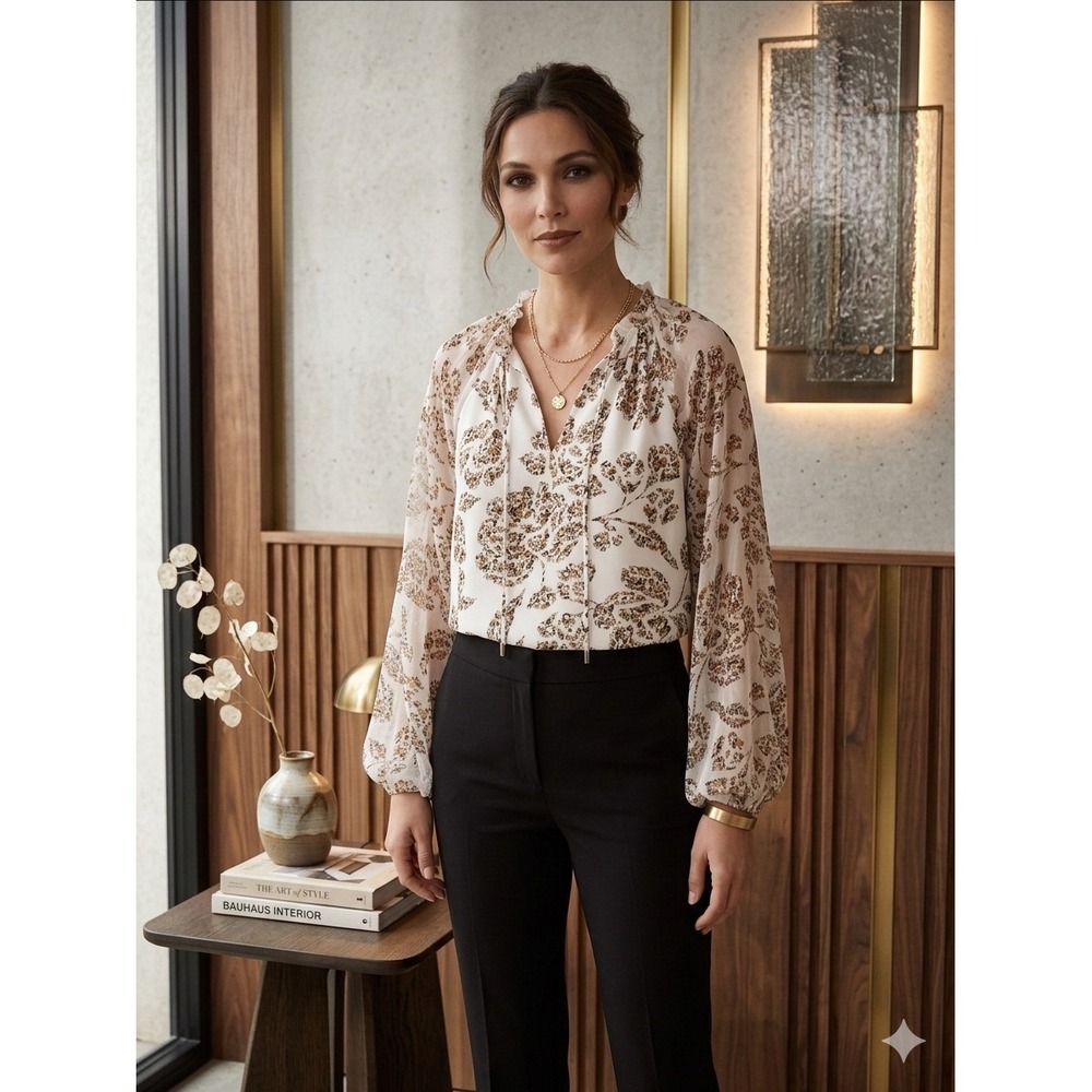 White House Black Market Floral Tie‎ Neck Balloon Sleeve Blouse Ivory Brown S